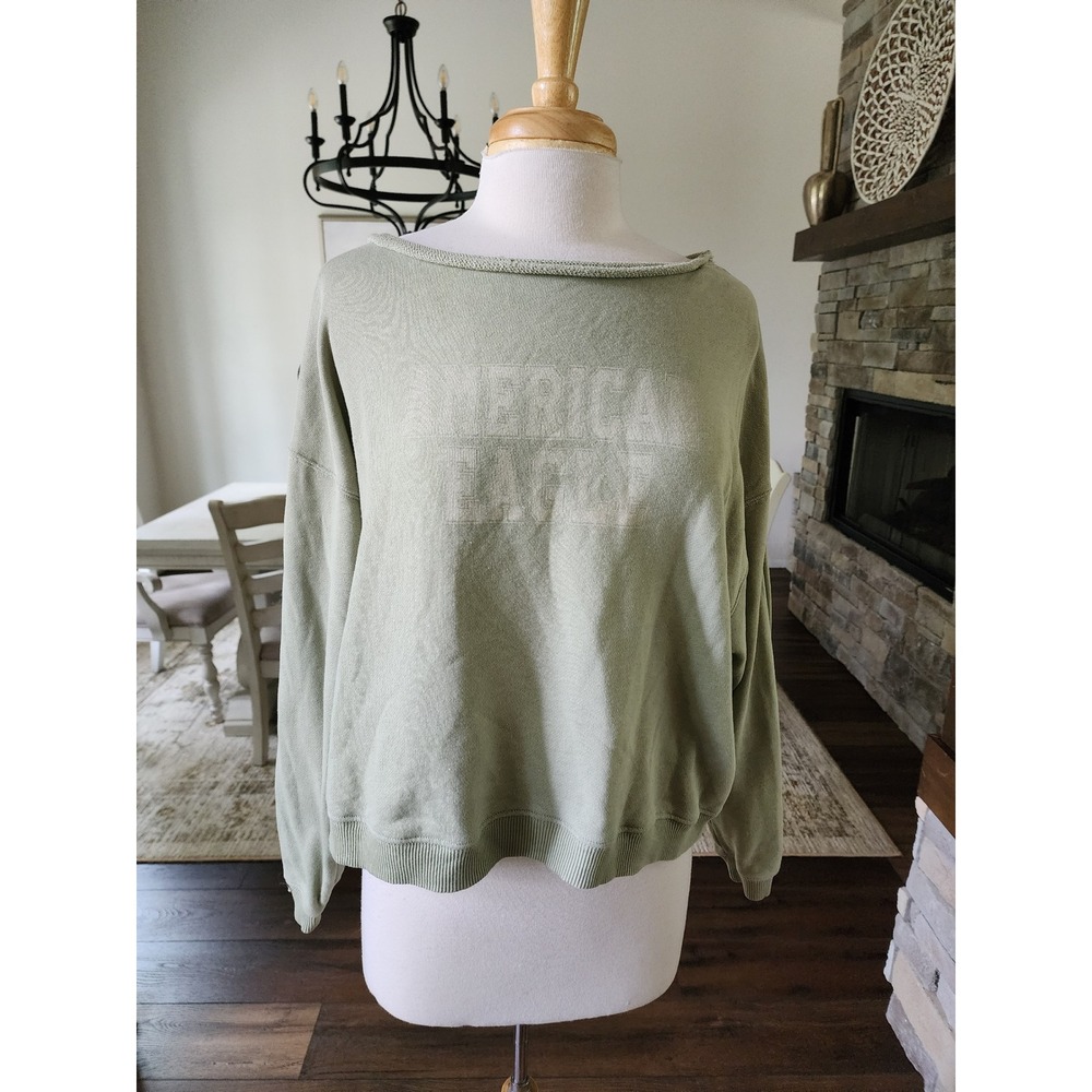 American Eagle Sage Green Graphic Sweatshirt Womens XS Cropped Raw Neck Relaxed